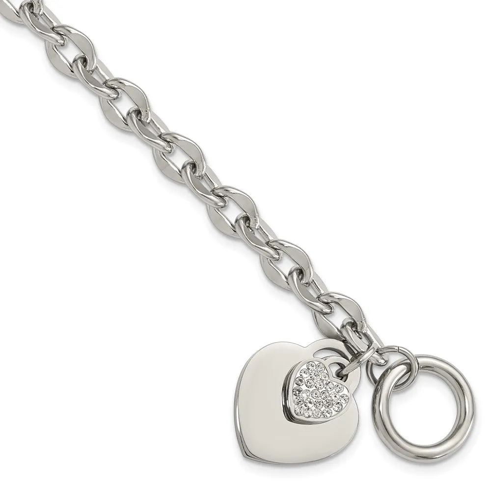 Stainless Steel Polished Two Hearts with CZ 7.5in Toggle Bracelet