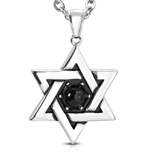Stainless Steel Silver-Tone Black Simulated Gemstone Jewish Star of David Boys Mens Pendant Necklace