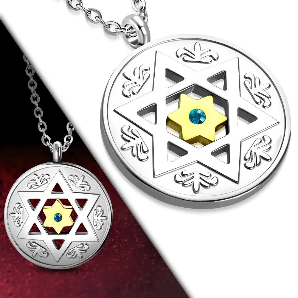 Stainless Steel Two-Tone Blue CZ Jewish Star of David Round Men's Pendant Necklace