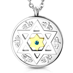 Stainless Steel Two-Tone Blue CZ Jewish Star of David Round Men's Pendant Necklace