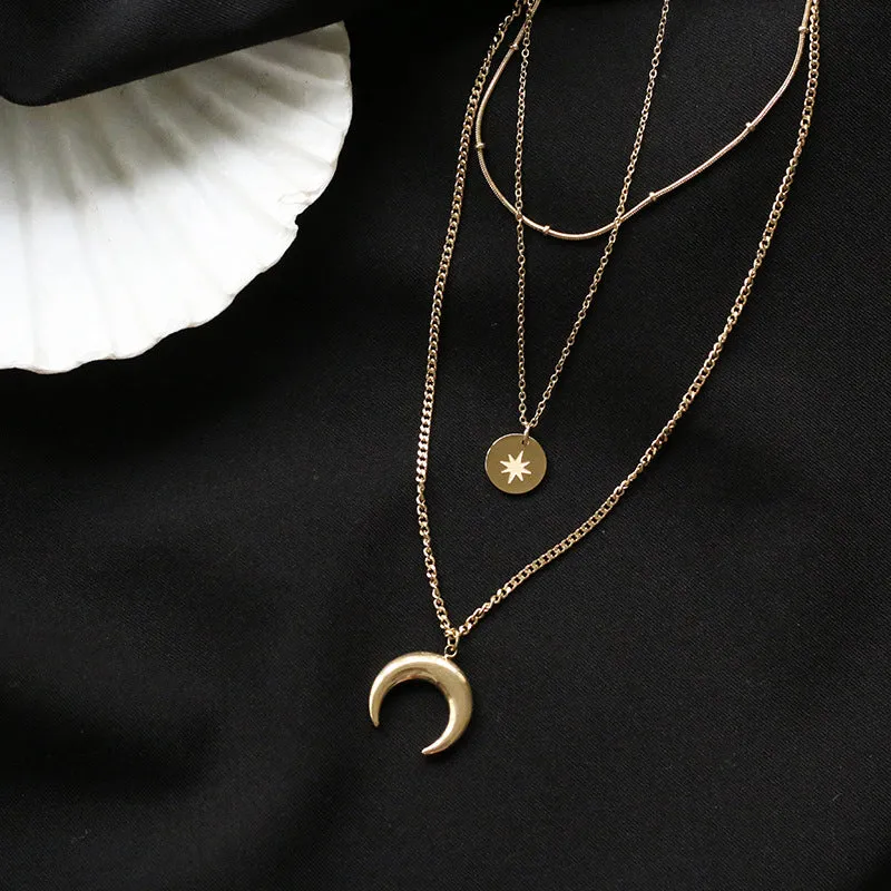 Star Moon Triple Chain Gold Layering Necklaces Bracelets