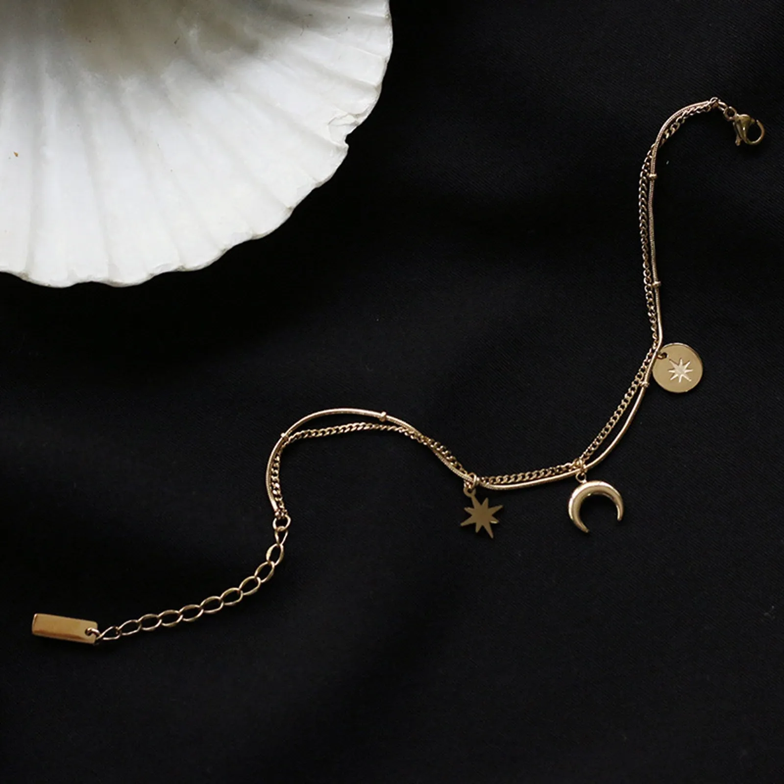 Star Moon Triple Chain Gold Layering Necklaces Bracelets