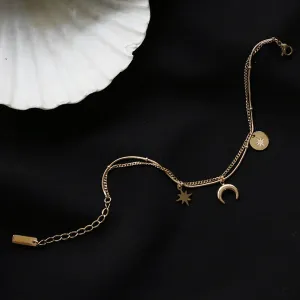 Star Moon Triple Chain Gold Layering Necklaces Bracelets