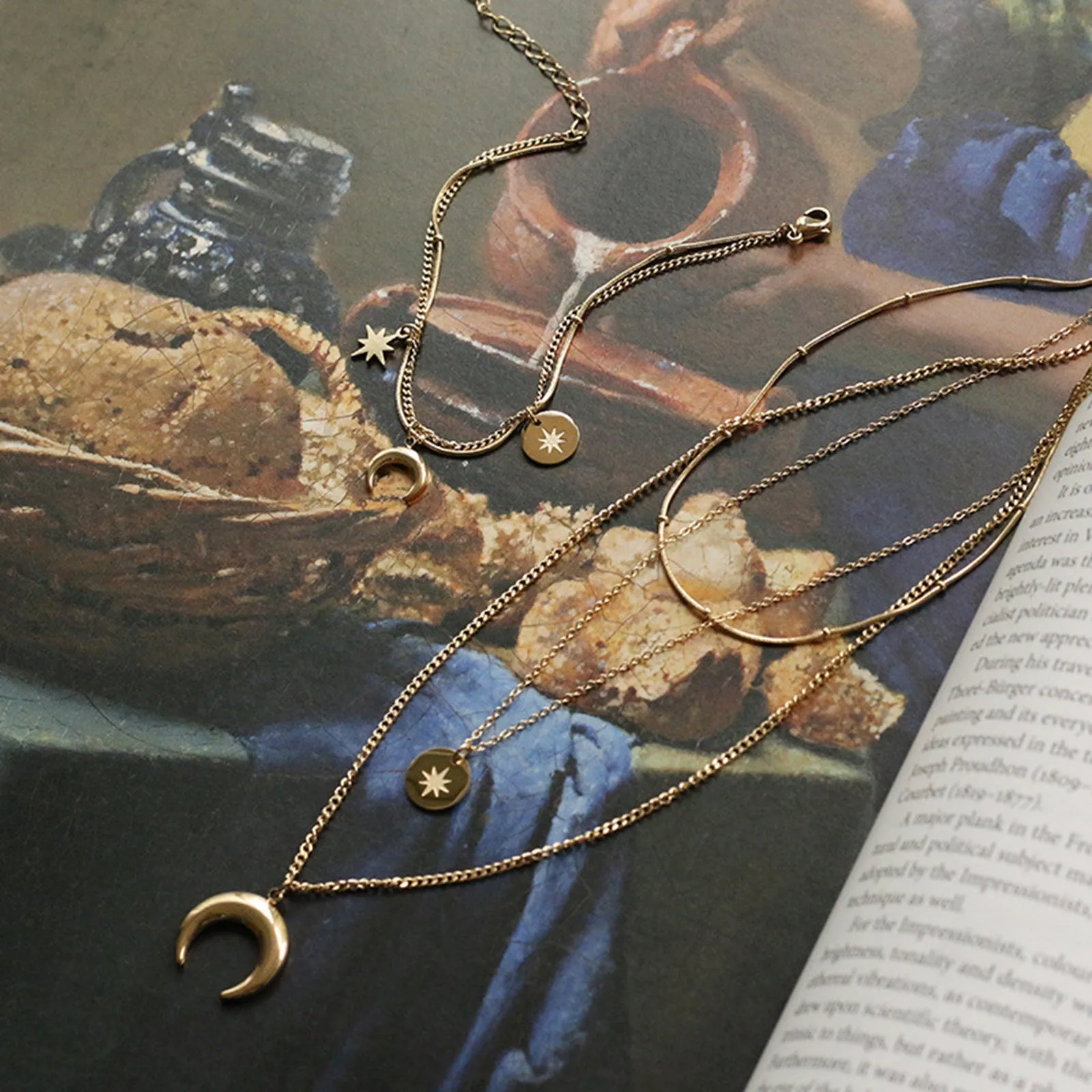Star Moon Triple Chain Gold Layering Necklaces Bracelets