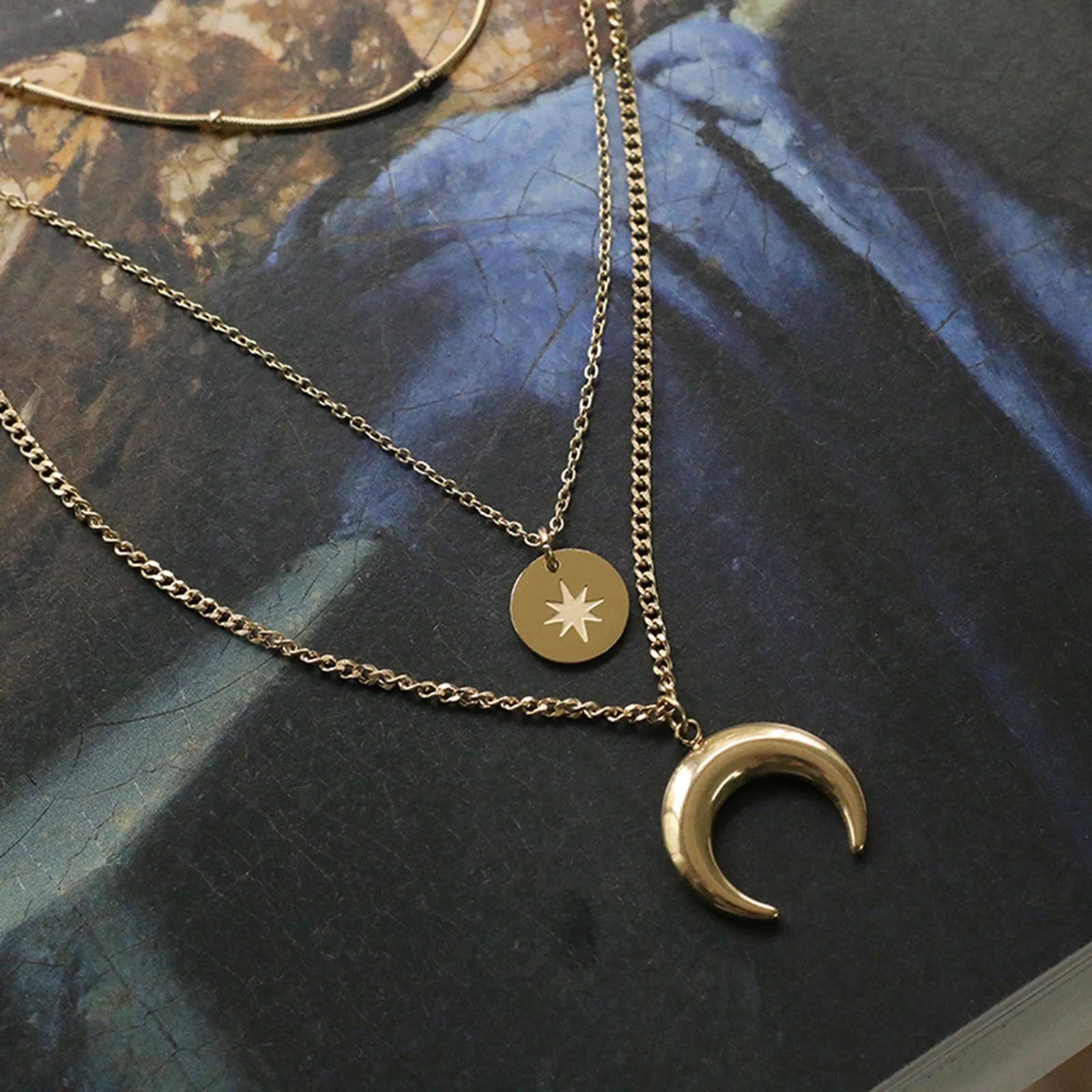 Star Moon Triple Chain Gold Layering Necklaces Bracelets