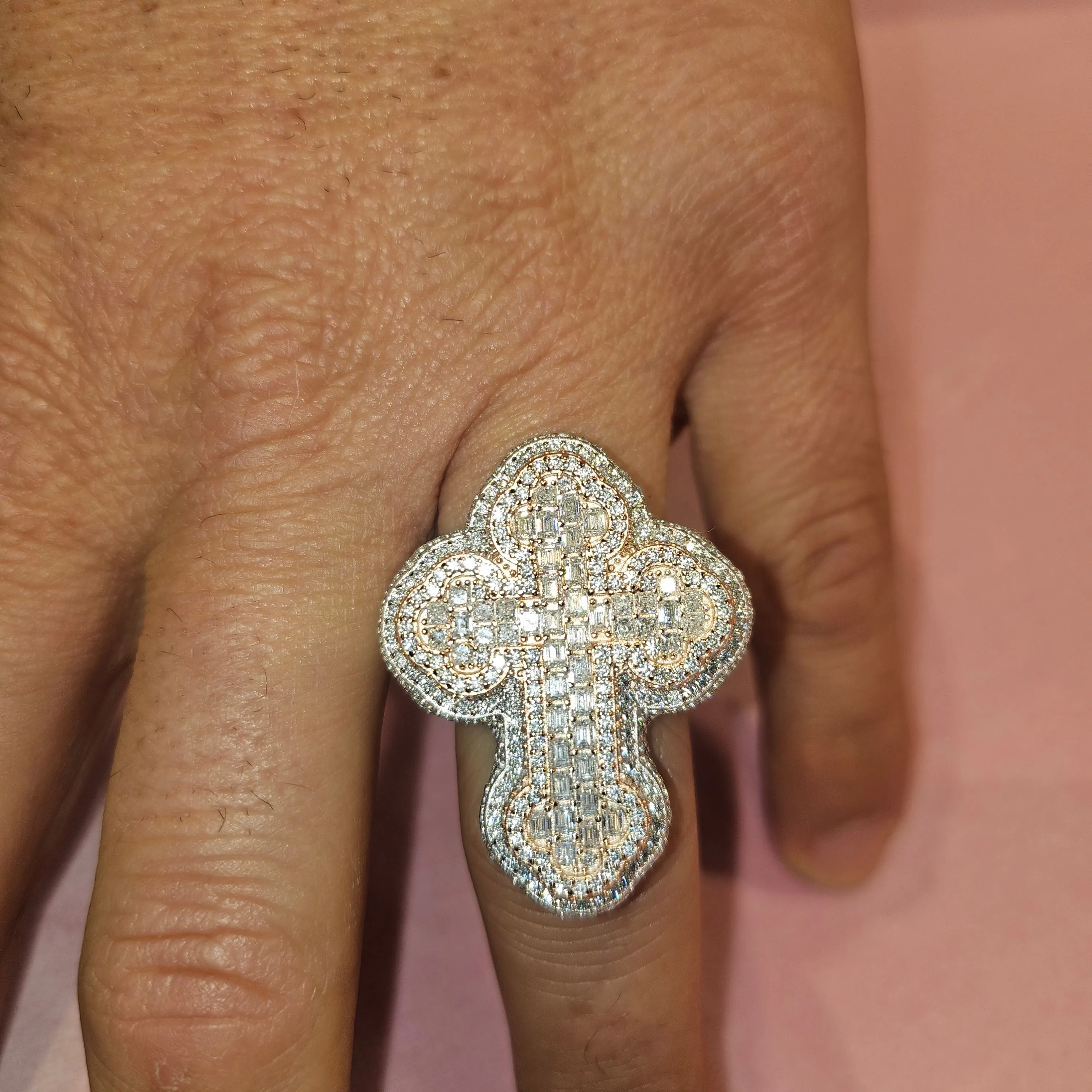 Sterling 925 Lab-Created Moissanite Two Tone Silver-Rose 3D Cross Ring M100059