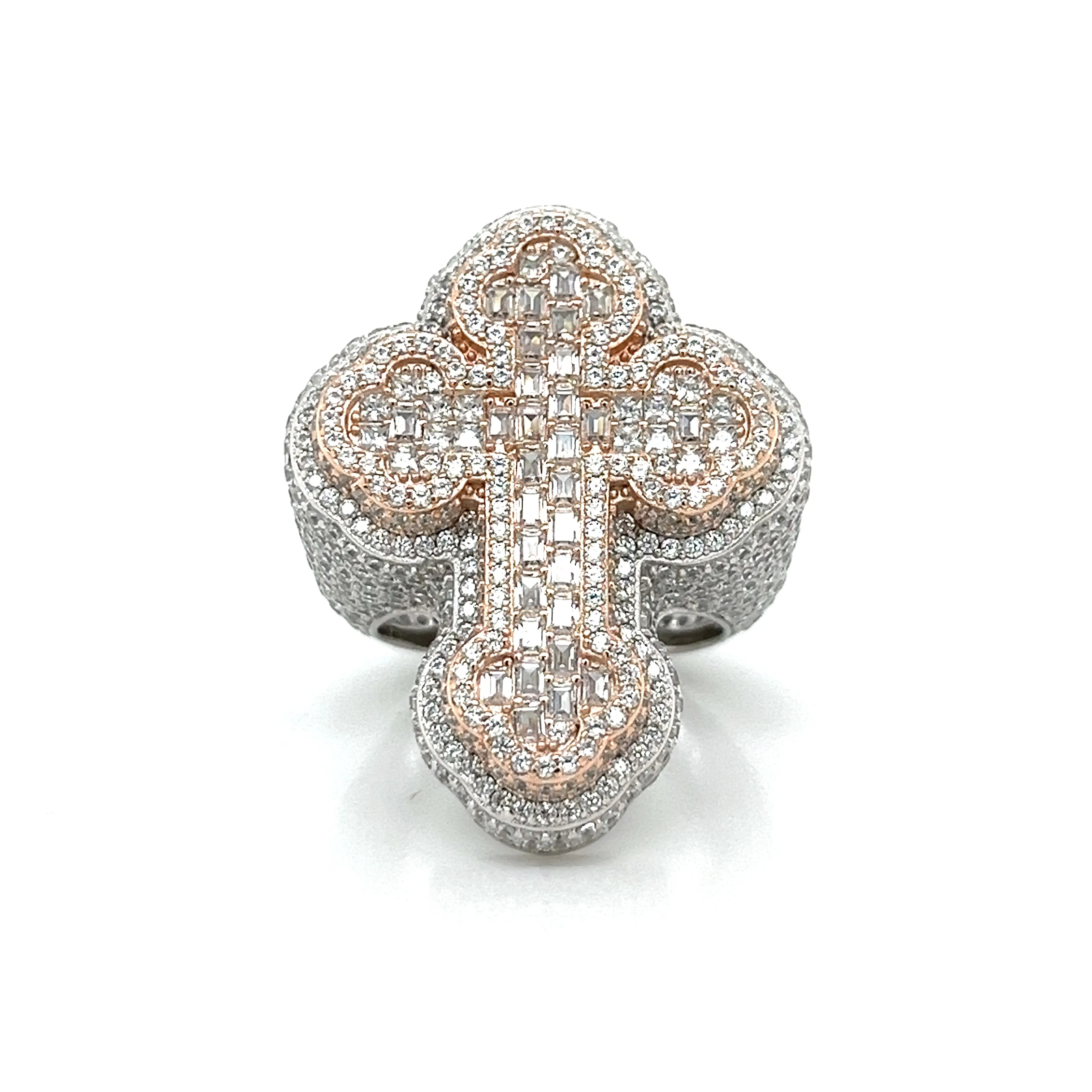 Sterling 925 Lab-Created Moissanite Two Tone Silver-Rose 3D Cross Ring M100059