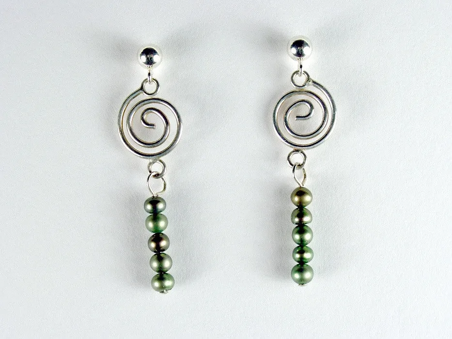 Sterling Silver 4mm ball stud w/ spiral & green fw pearl dangles -Earrings