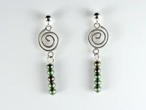 Sterling Silver 4mm ball stud w/ spiral & green fw pearl dangles -Earrings