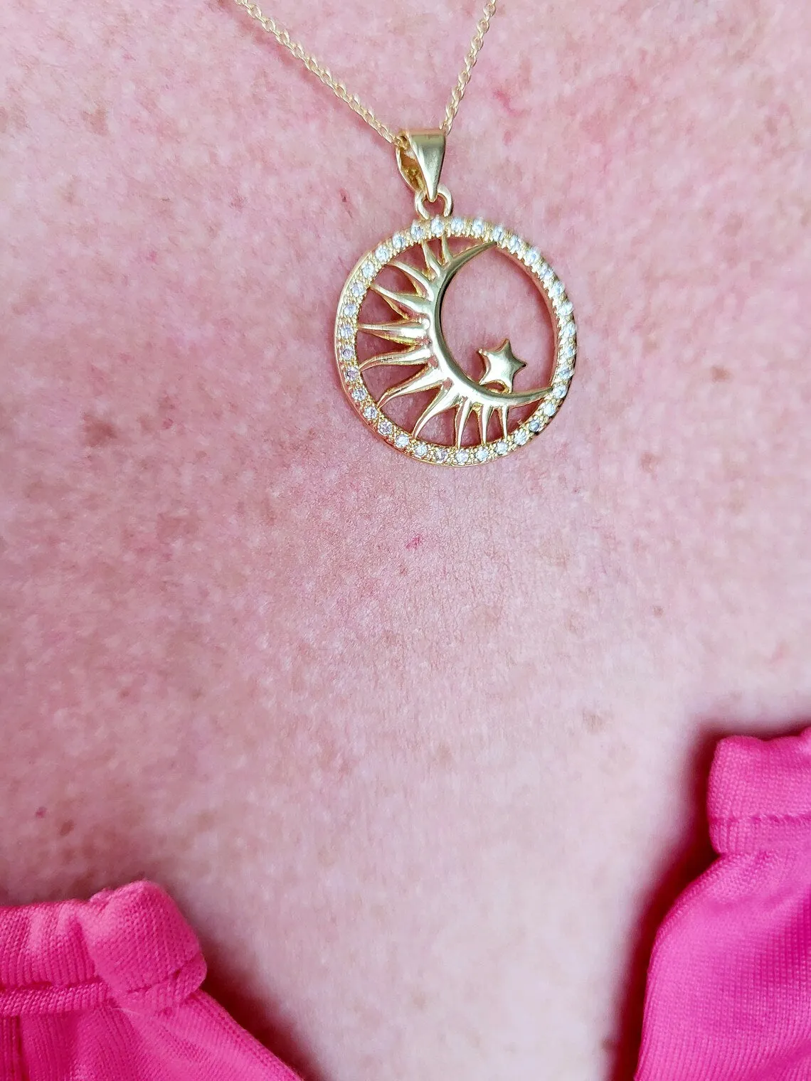 Sterling Silver Coin Necklace Filled Sun Moon Star Pendant Necklace