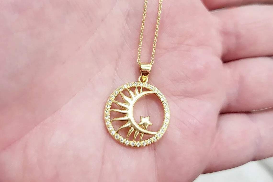 Sterling Silver Coin Necklace Filled Sun Moon Star Pendant Necklace