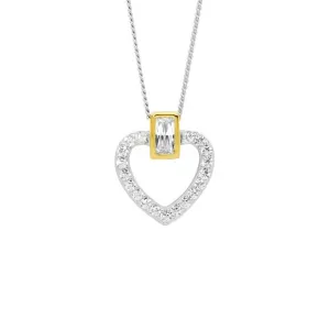 Sterling Silver Cubic Zirconia Open Heart with Gold Plated Bezel Set Baguette Pendant P880G