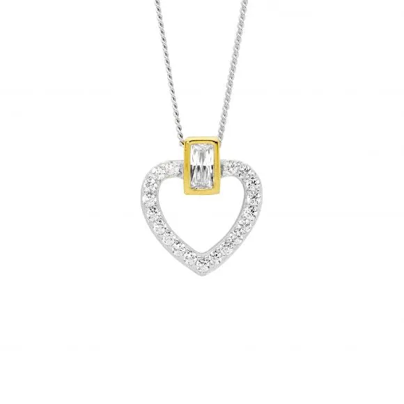 Sterling Silver Cubic Zirconia Open Heart with Gold Plated Bezel Set Baguette Pendant P880G