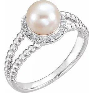 Sterling Silver Freshwater Cultured Pearl & .08 CTW Diamond Halo-Style Beaded Ring