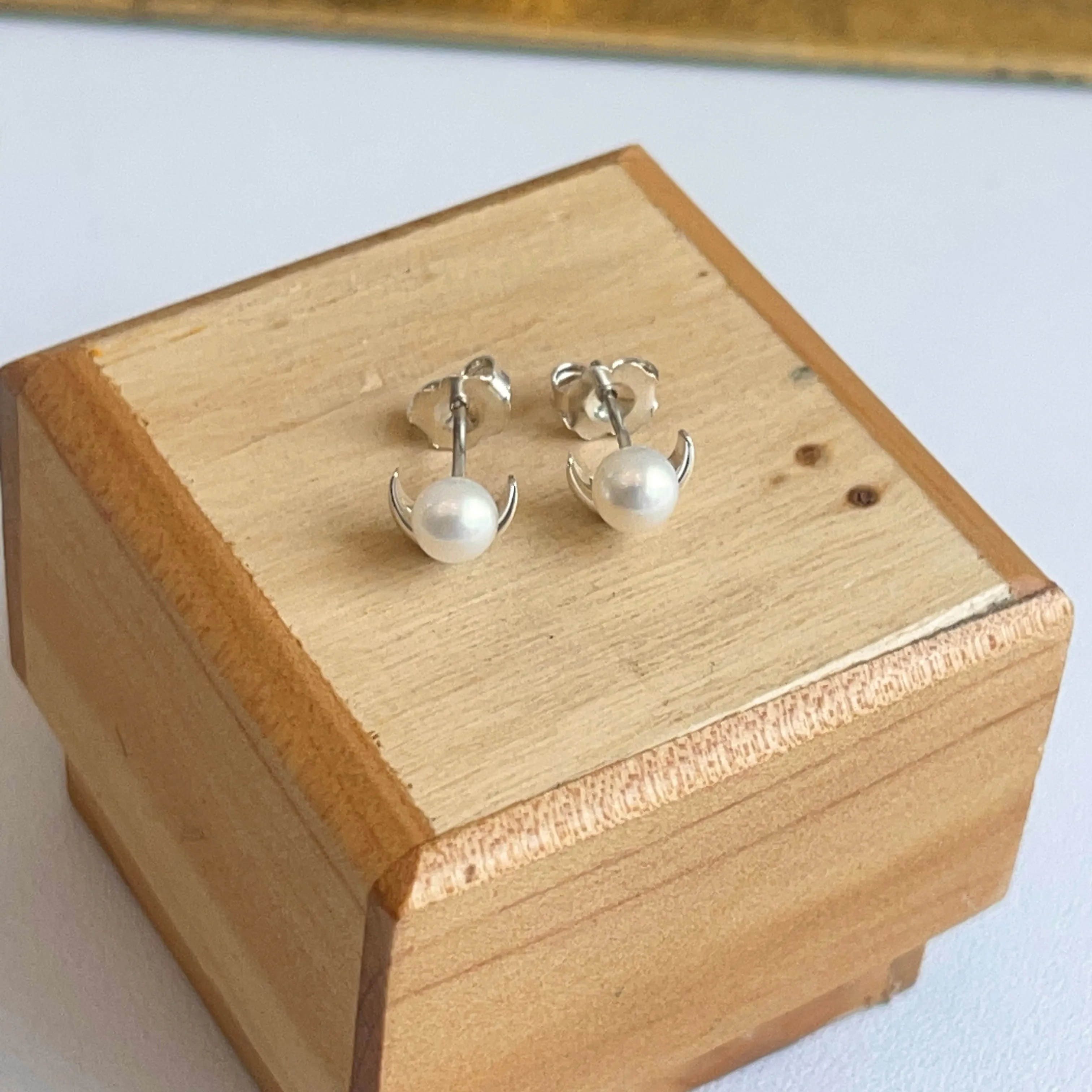 Sterling Silver Freshwater Pearl Crescent Moon Stud Earrings