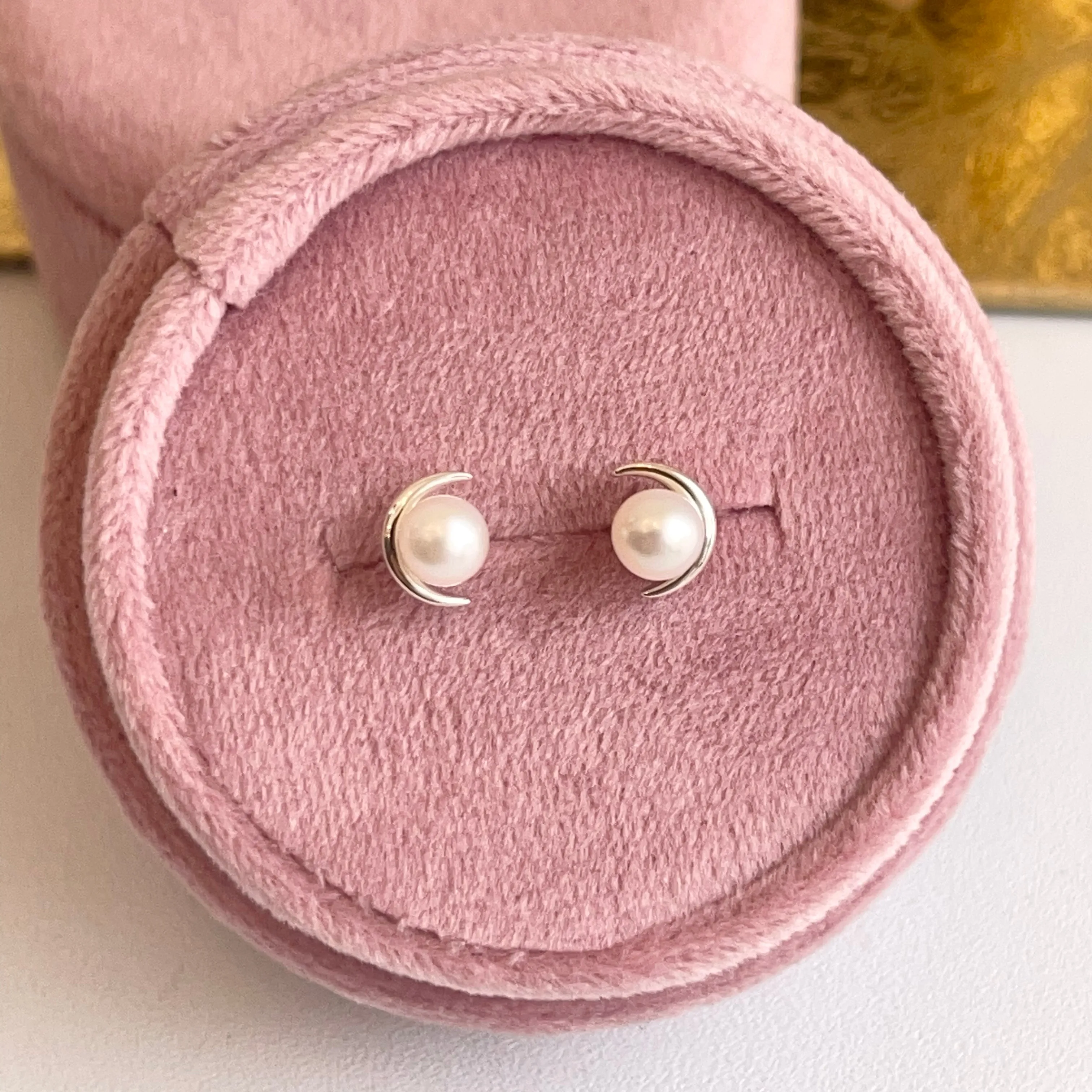 Sterling Silver Freshwater Pearl Crescent Moon Stud Earrings