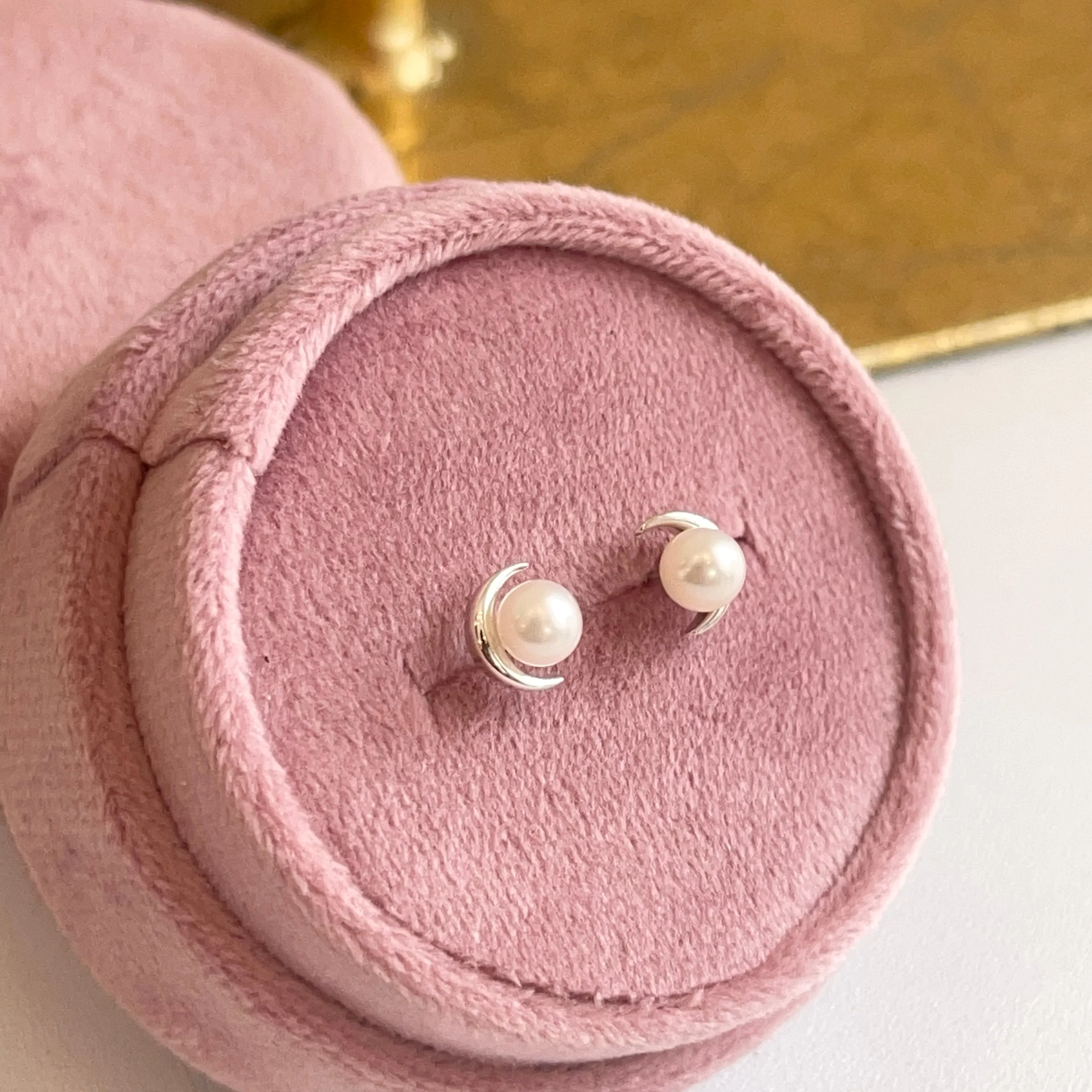 Sterling Silver Freshwater Pearl Crescent Moon Stud Earrings