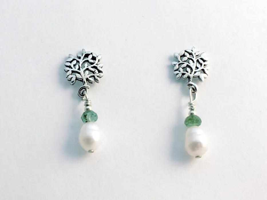 Sterling Silver leaf/bush stud w/ tourmaline & FW pearls dangle Earrings-garden