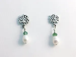 Sterling Silver leaf/bush stud w/ tourmaline & FW pearls dangle Earrings-garden
