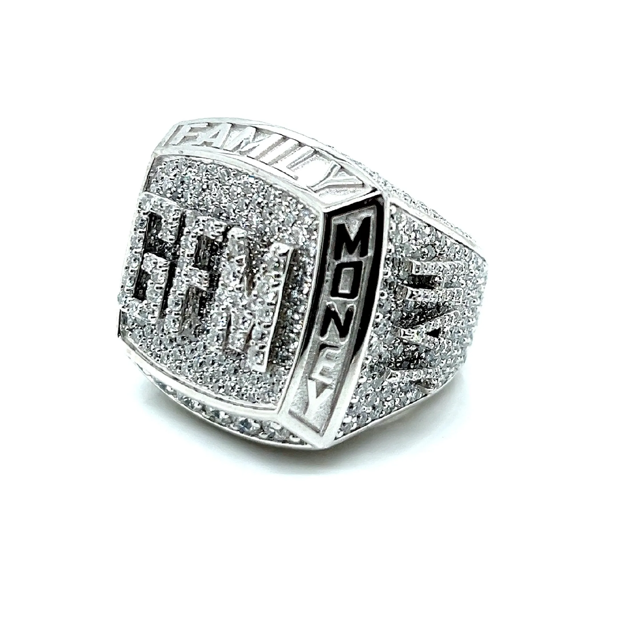 Sterling Silver "GOD FAMILY MONEY' Lab-Created Moissanite Hip Hop Customized Ring