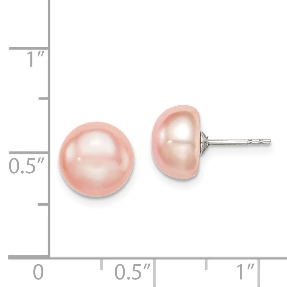 Sterling Silver Rh-Plated 9-10Mm Pink FW Cultured Button Pearl Stud Earring QE12686