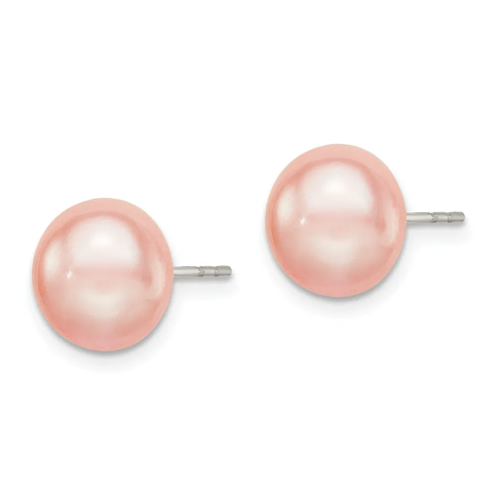 Sterling Silver Rh-Plated 9-10Mm Pink FW Cultured Button Pearl Stud Earring QE12686