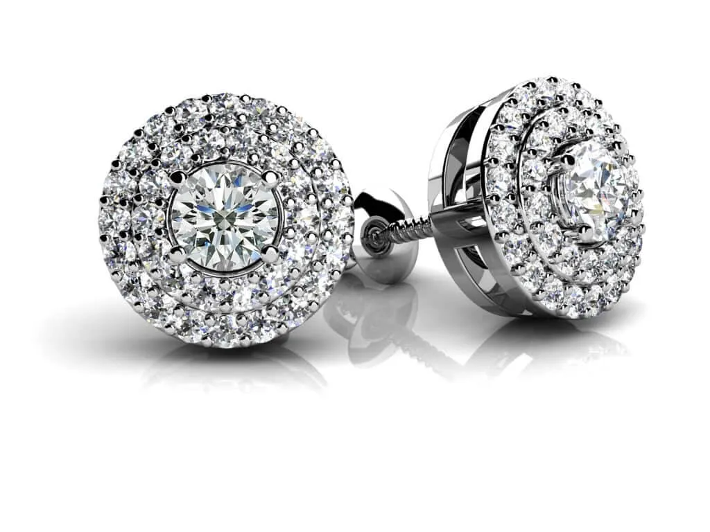 Surrounded By Diamonds Designer Stud Diamond Earrings with 1.09 ct. (2X0.35 ct. center diamonds)
