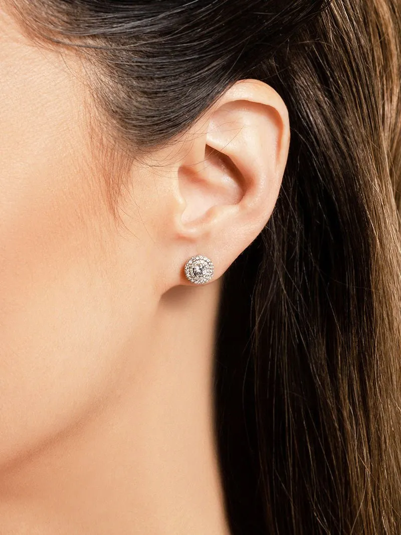 Surrounded By Diamonds Designer Stud Diamond Earrings with 1.09 ct. (2X0.35 ct. center diamonds)