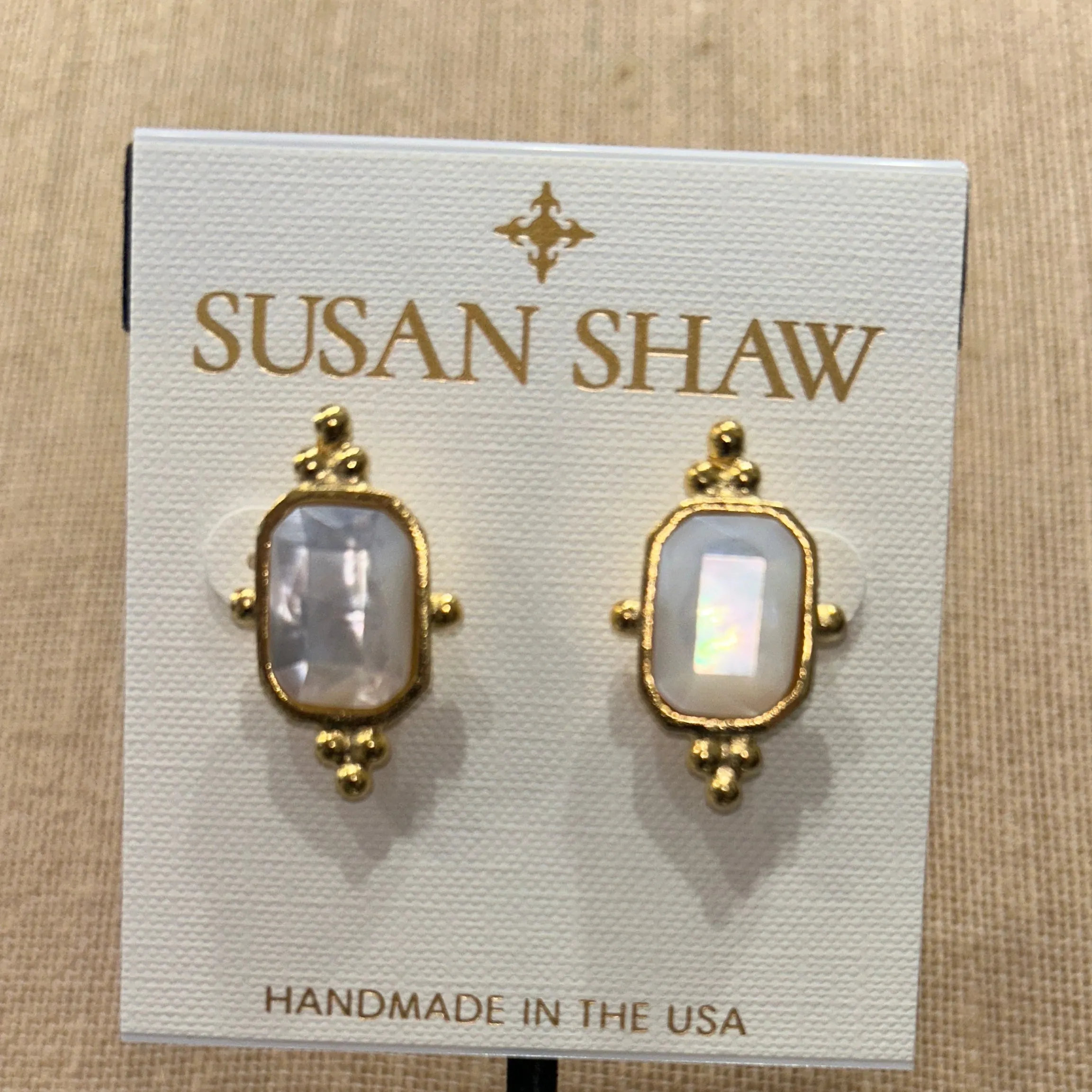 Susan Shaw: Gold Mother of Pearl Rectangle Stud Earrings