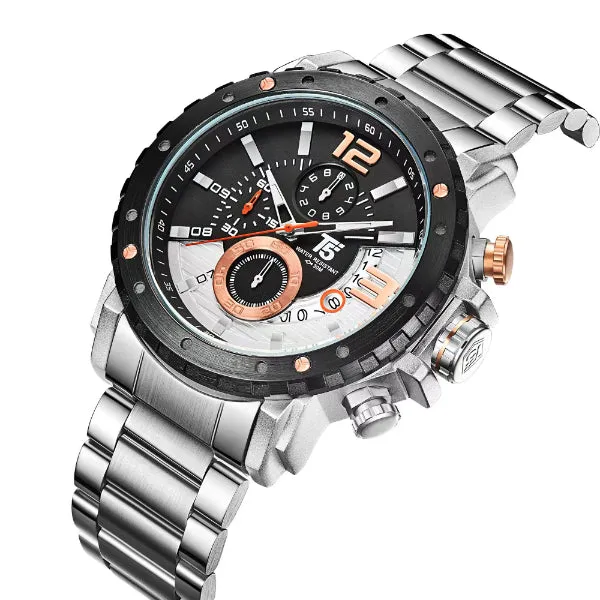 T5 Silver Stainless Steel Black Dial Chronograph Quartz Watch for Gents - H3746G-B