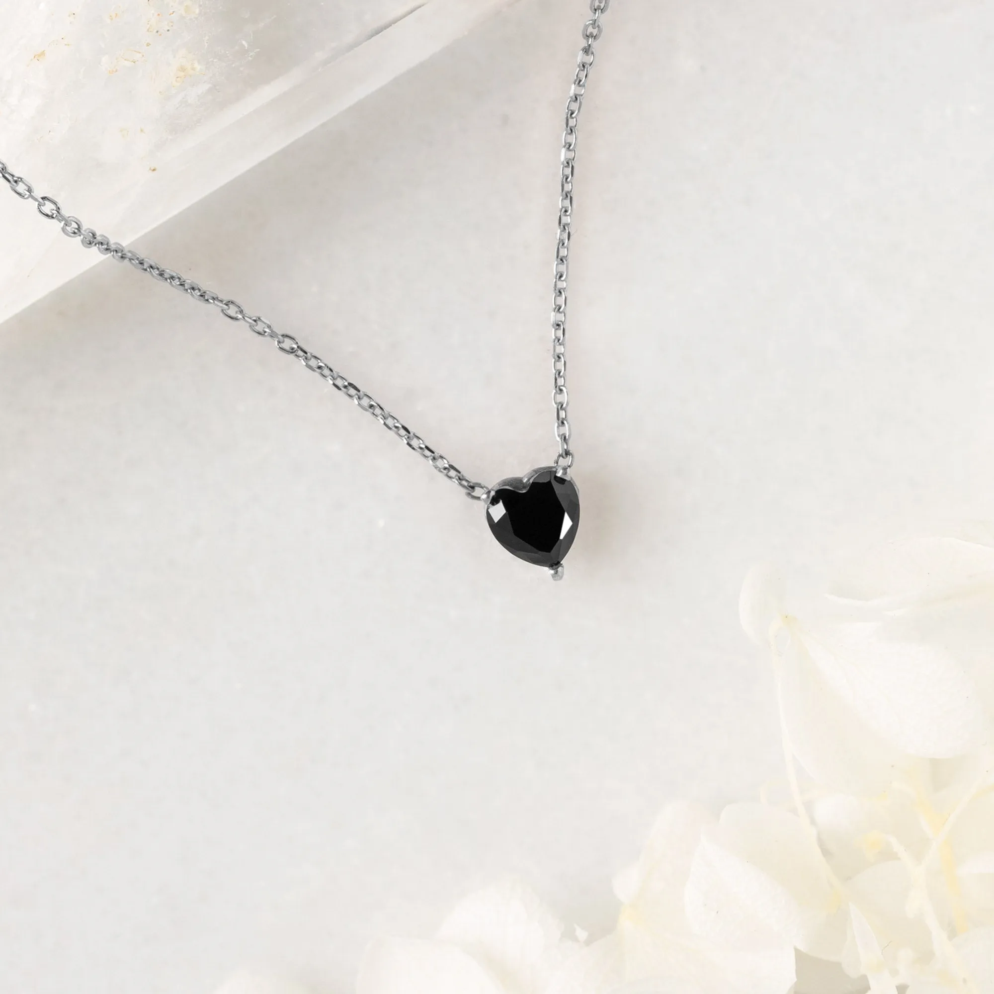 The Black Onyx Gemstone Heart Necklace | 10K White Gold