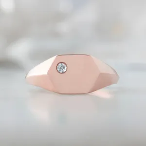 The Hexagon White Diamond Signet Ring | 14K Rose Gold