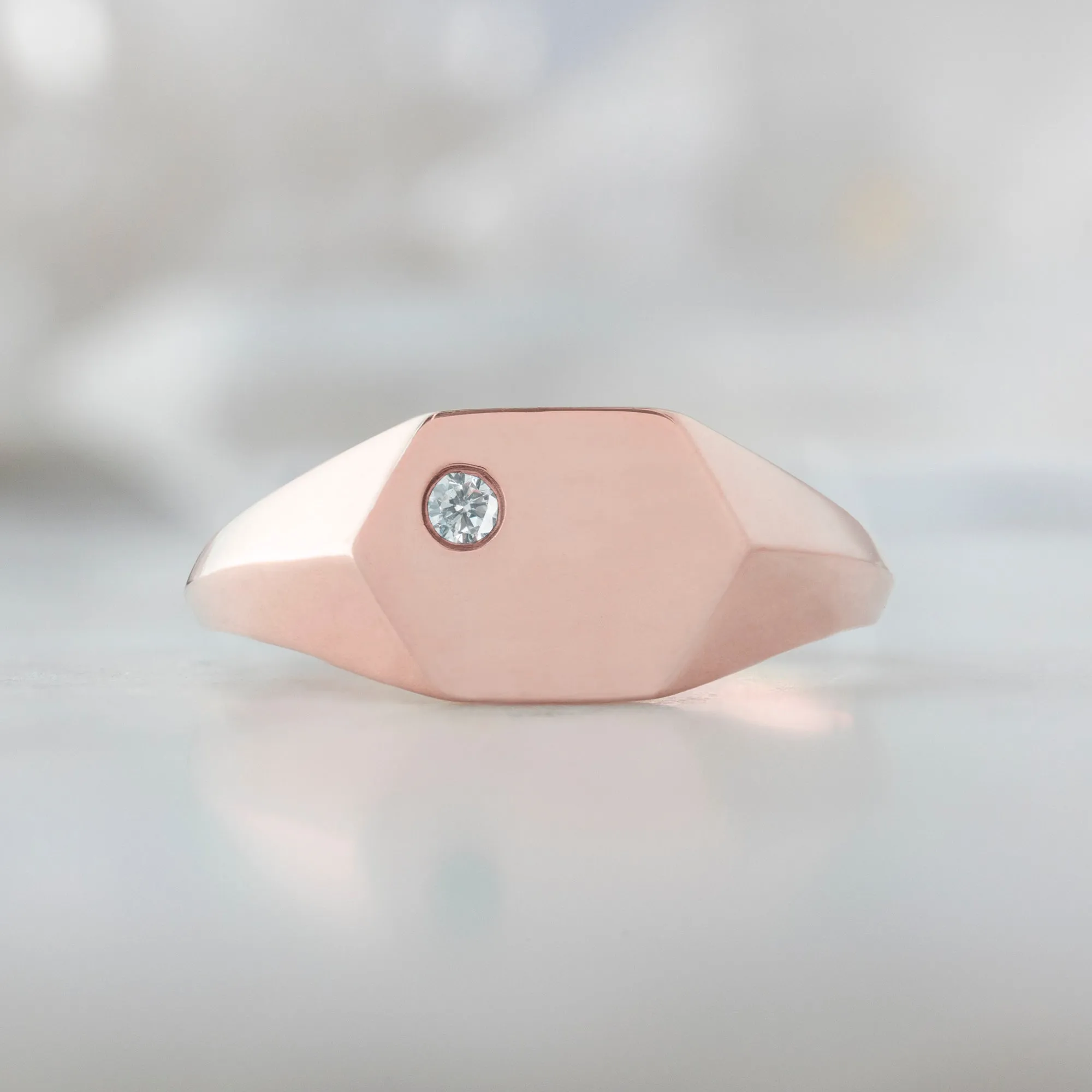 The Hexagon White Diamond Signet Ring | 14K Rose Gold