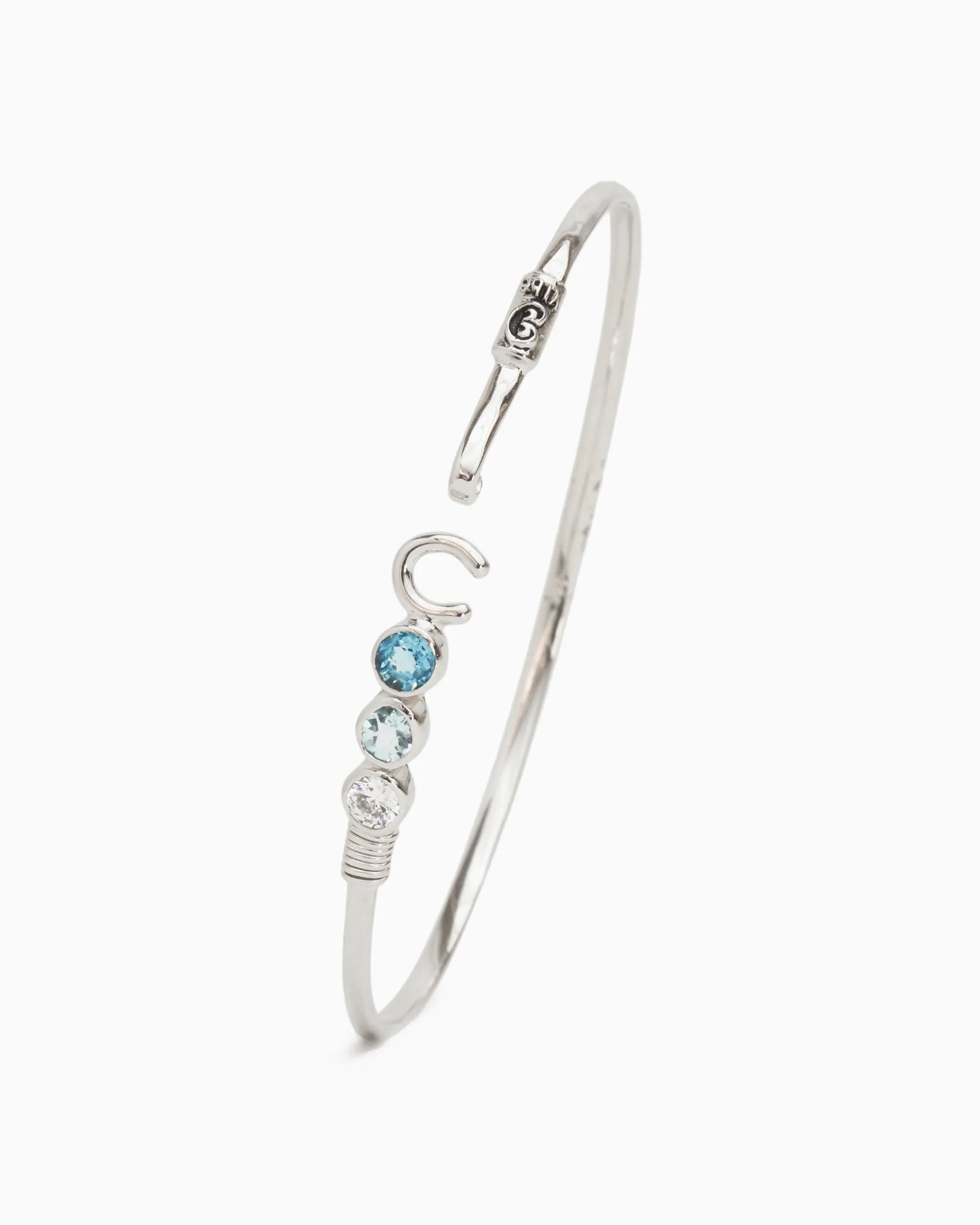 The Hook Bracelet with Triple Stones, 2mm - Hampton Blue Topaz/Blue Topaz/White Zircon