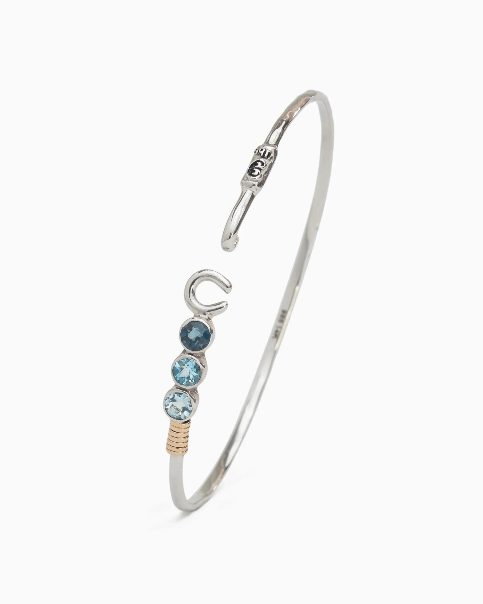 The Hook Bracelet with Triple Stones, 2mm - London Blue Topaz/Hampton Blue Topaz/Swiss Blue Topaz