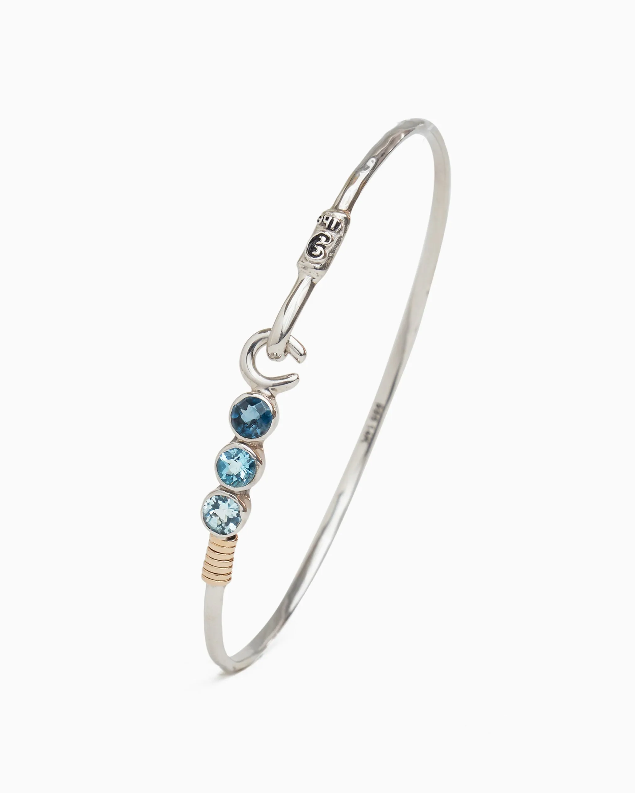 The Hook Bracelet with Triple Stones, 2mm - London Blue Topaz/Hampton Blue Topaz/Swiss Blue Topaz