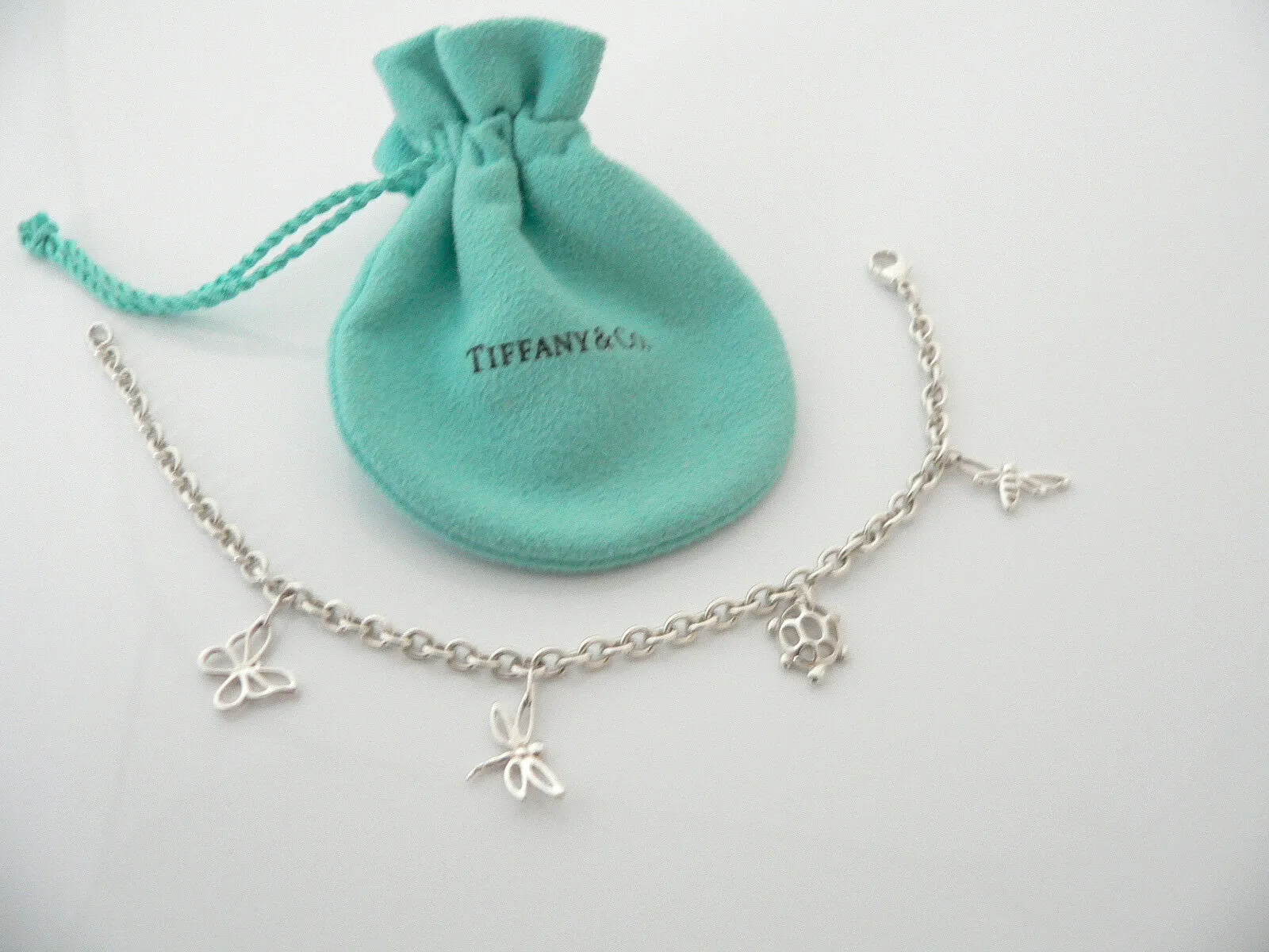 Tiffany & Co Silver Butterfly Turtle Firefly Bee Bracelet Bangle 8 Inch Longer