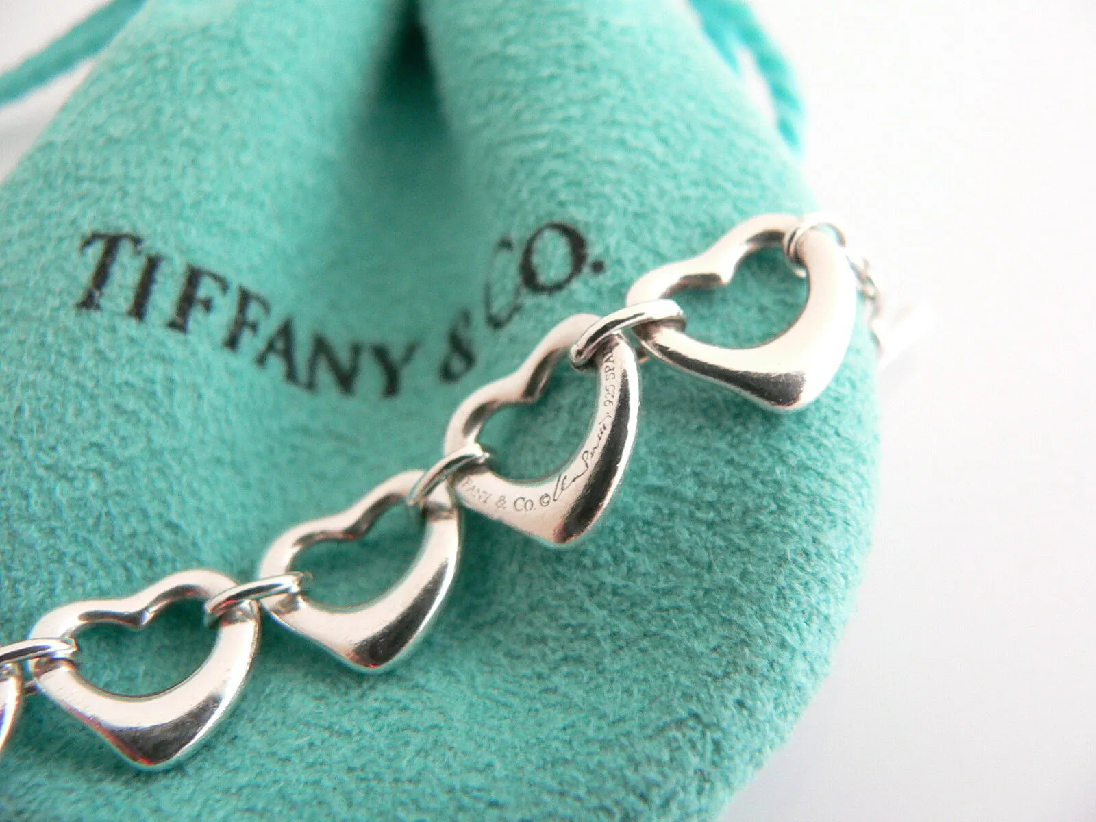 Tiffany & Co Silver Open Heart Link Bracelet Bangle Gift Love Pouch