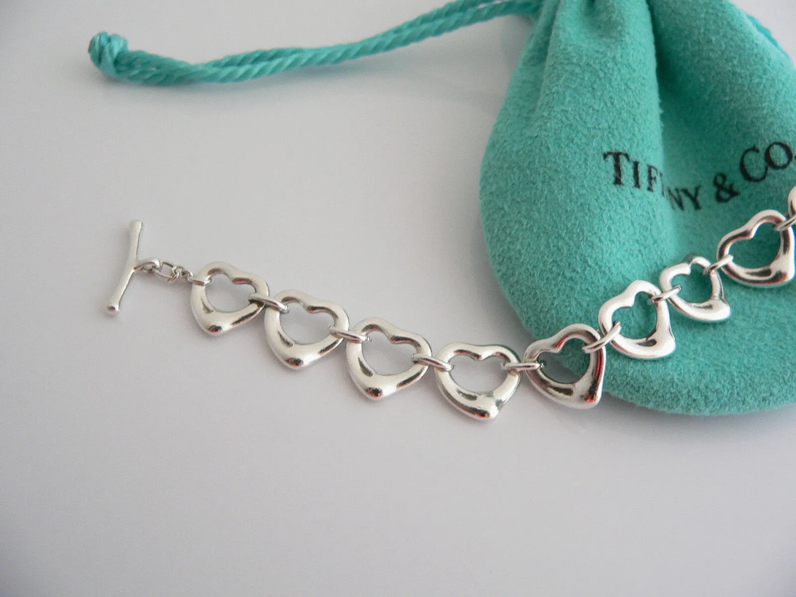 Tiffany & Co Silver Open Heart Link Bracelet Bangle Gift Love Pouch
