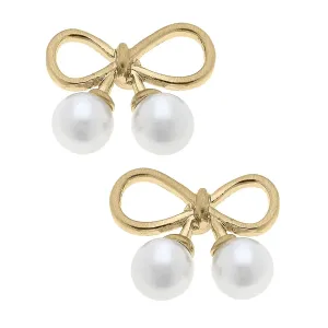 Tinsley Tiny Bow & Pearl Stud Earrings in Worn Gold