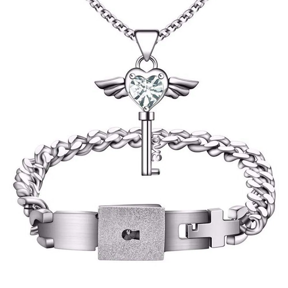 Titanium Men Bracelet & Heart Key Necklace