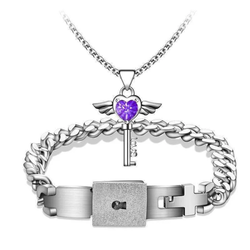 Titanium Men Bracelet & Heart Key Necklace
