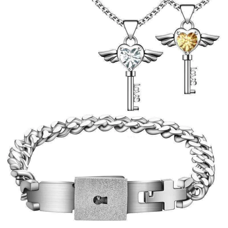Titanium Men Bracelet & Heart Key Necklace