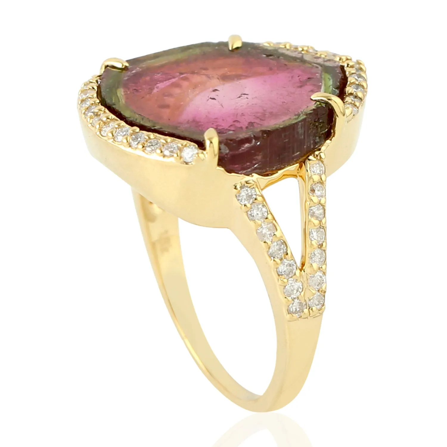 Tourmaline Melon Pave Diamond 18k Yellow Gold Handmade Ring For Women Designer Jewelry