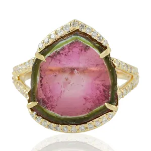Tourmaline Melon Pave Diamond 18k Yellow Gold Handmade Ring For Women Designer Jewelry