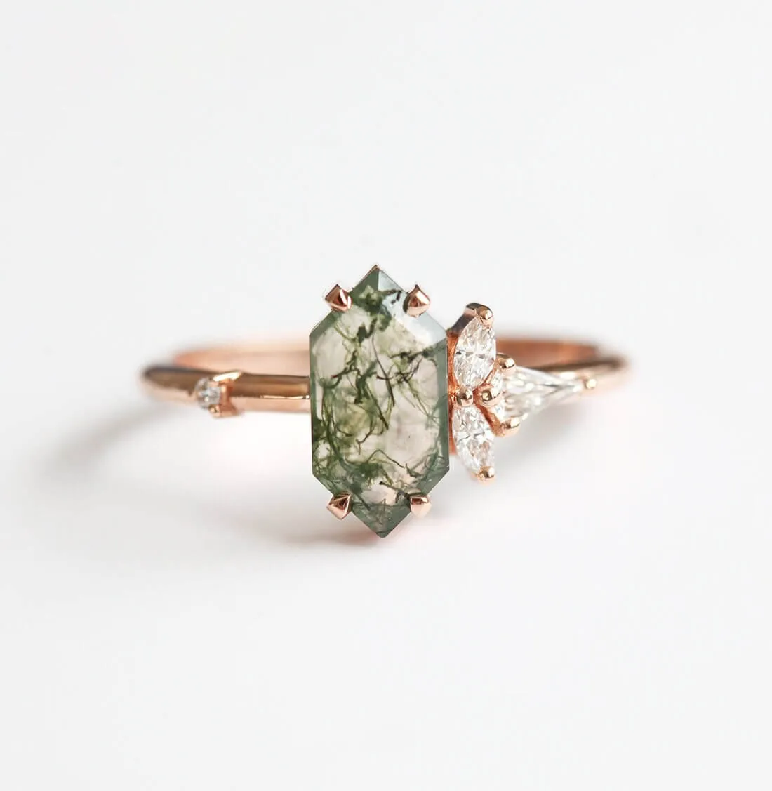 Trendolla 14K Gold Moss Agate And Crown CZ Diamond Ring Set