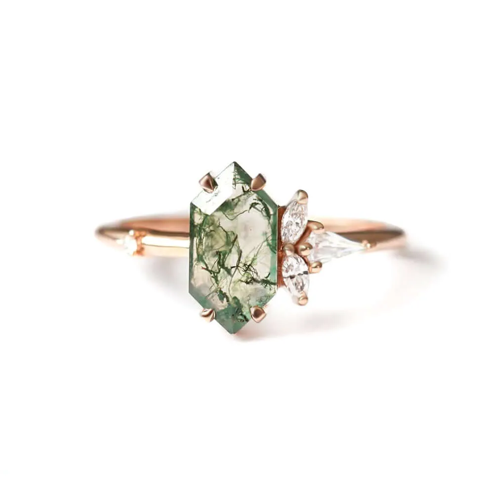 Trendolla 14K Gold Moss Agate And Crown CZ Diamond Ring Set