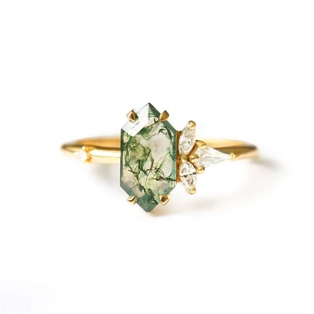 Trendolla 14K Gold Moss Agate And Crown CZ Diamond Ring Set