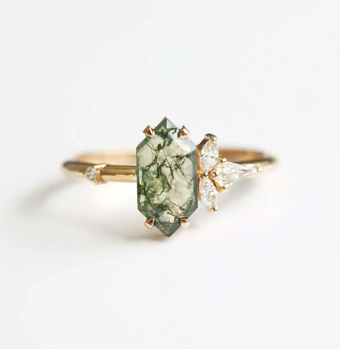 Trendolla 14K Gold Moss Agate And Crown CZ Diamond Ring Set