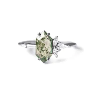 Trendolla 14K Gold Moss Agate And Crown CZ Diamond Ring Set